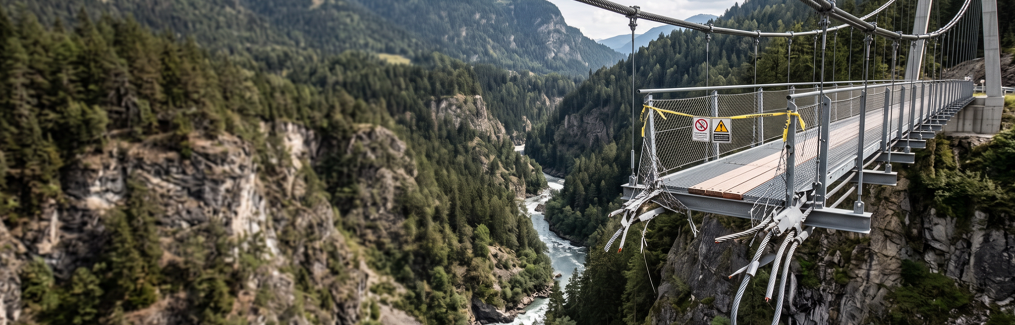 A broken suspension bridge spanning a forested mountain gorge.
