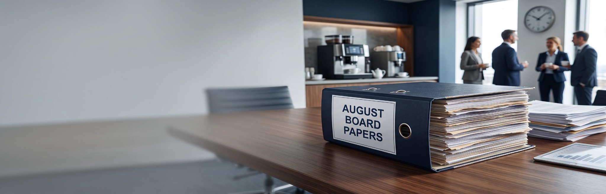 A thick binder of board papers on a meeting table.