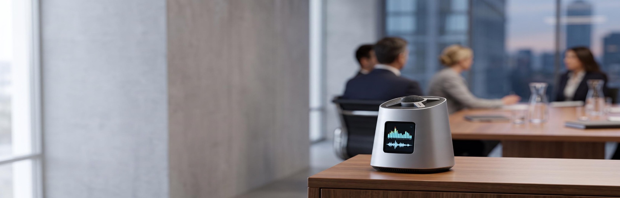 An AI recording device in a boardroom with directors meeting in the background.