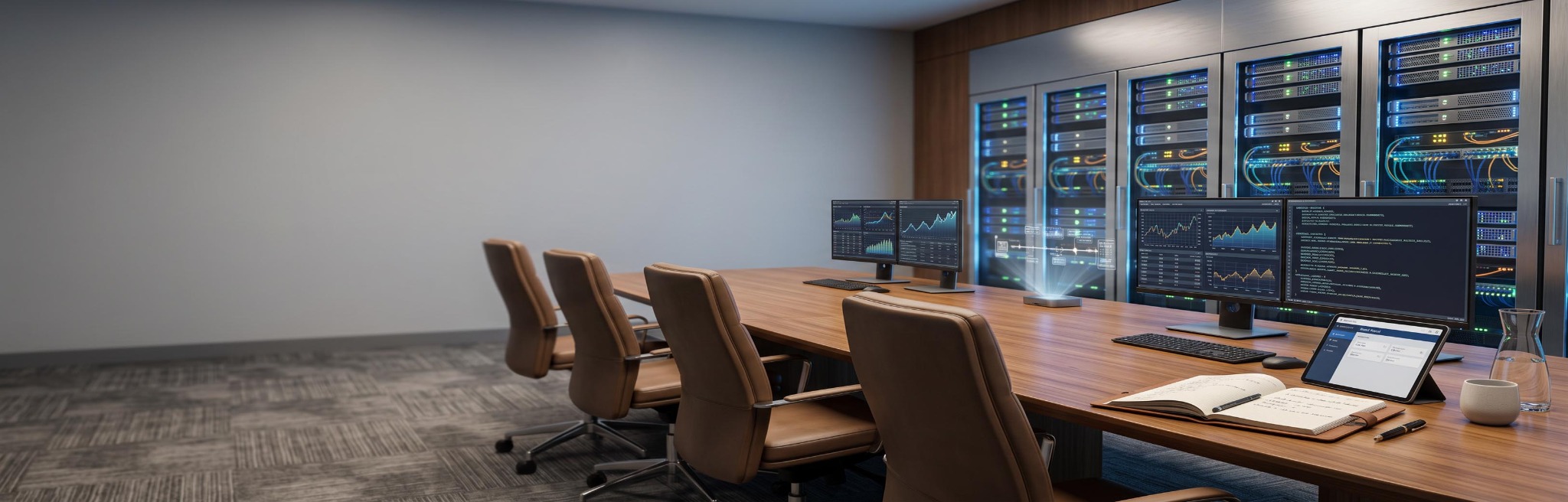 A boardroom table alongside server racks and information displays.